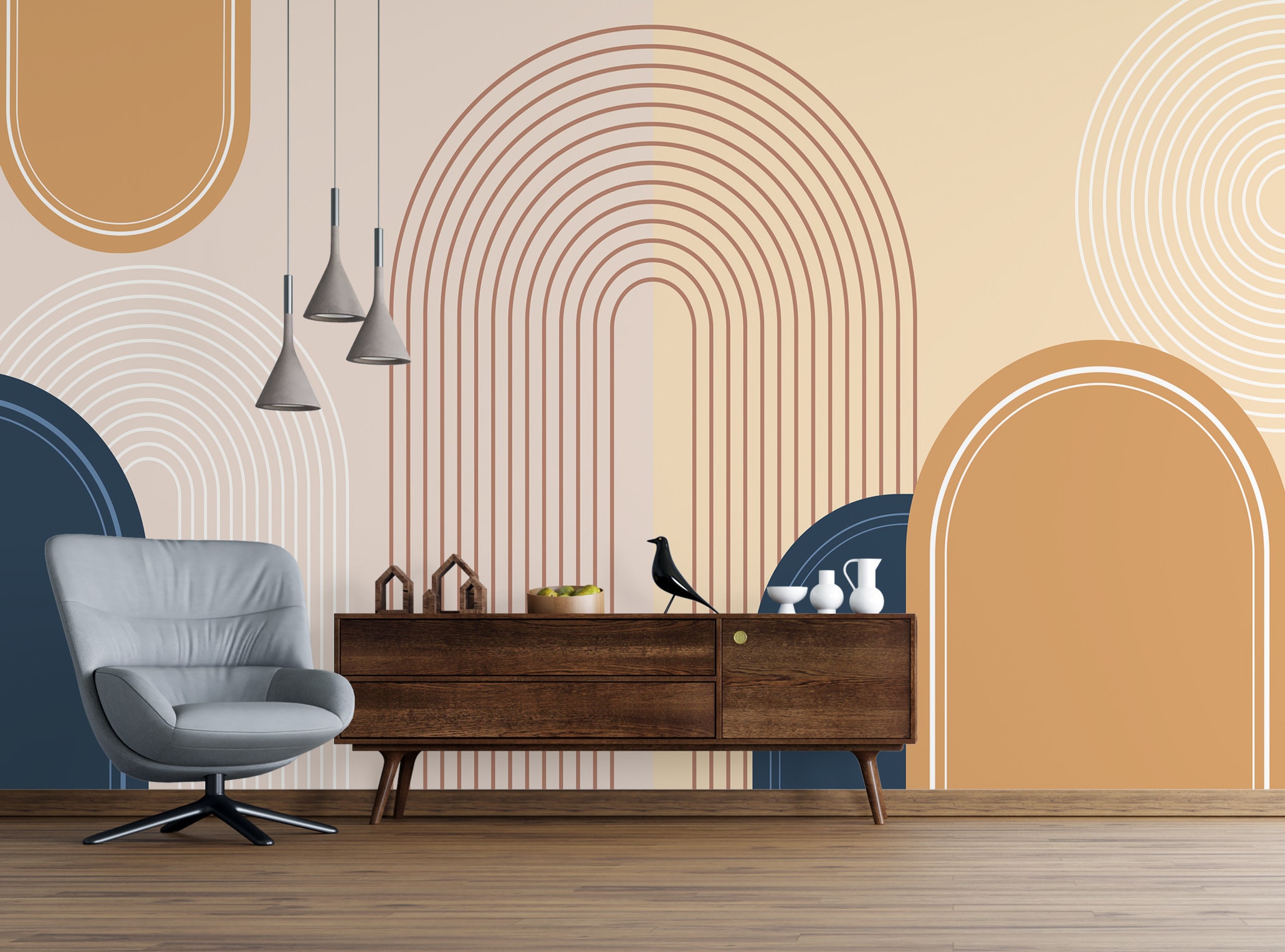 VINTAGE ARTDECO WALLPAPER. Retro Geometric Mural. Boho Wallpaper. Arch Patterned Mural. Modern Abstract Wallpaper.