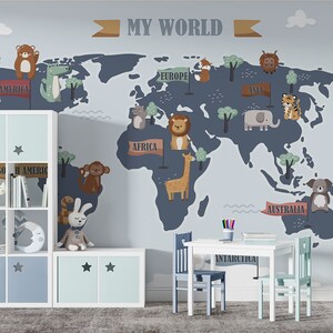 PAPEL DE PAREDE DO MAPA ANIMAL Papel de parede do mapa mundial. Mural infantil de balões de ar quente. Mural de mapa personalizável. Mapa infantil do mural mundial. Mural Mundial