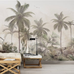 VINTAGE TROPICAL WALLPAPER. Water Color Trees Wallpaper. Vintage Forest Mural. Tropical Landscape Wall Mural. Forrest Wallpaper.
