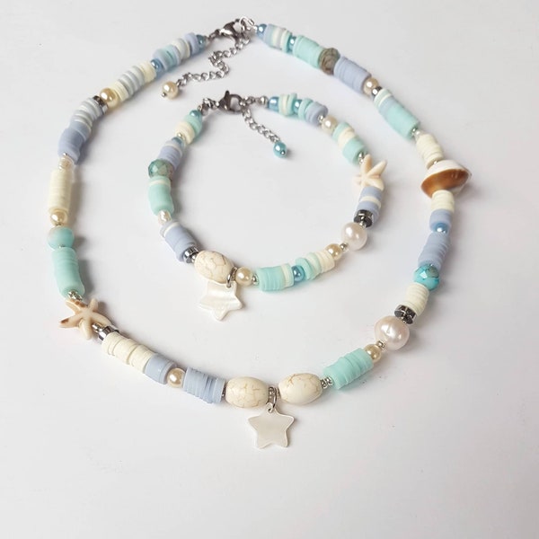 Ocean theme Necklace and Bracelet Set Polymer clay Heishi beads River pearl Stainless steel Howlite stone Shells Glass pearls Hematite stone