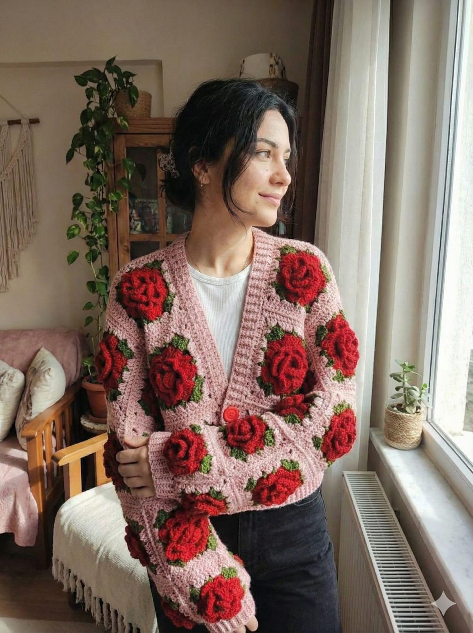 Handmade Crochet Rose Cardigan, Pink Cropped Knitted Sweater - Etsy