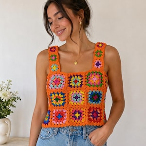 Handmade Crochet Crop Top, Colorful Granny Square Tank Top, Boho Festival Top, Retro Patchwork Crochet Blouse for Women