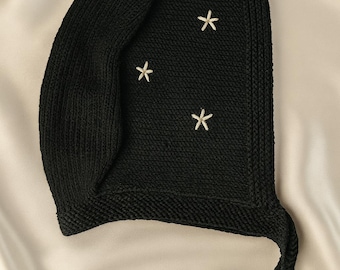 Black Adult Tie Bonnet, Handmade Crochet Balaclava Hood, Winter Ski Mask, Unisex Crochet Hat