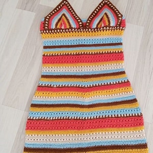 Crochet Dress, Handmade Summer Dress, Women Dresses, Striped Colorful Dress, Hand-Knit Mini Dress, Festival Dress, Coachella Outfit