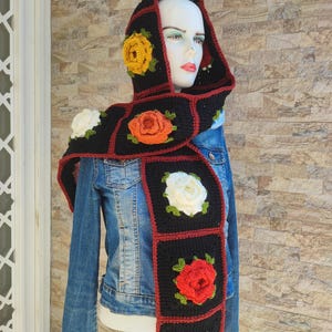 Colorful Granny Square Crochet Hooded Scarf, 3D Flower Scoodie, Handmade Festival Balaclava, Floral Crochet Hood