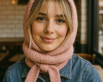 Handmade Pink Knit Hooded Scarf: Crochet Balaclava