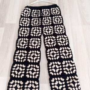 Crochet Pants, Granny Square Pants, Crochet Trousers, Handmade Granny Square Pants, Black Granny Square Summer Pants, Handknitted Pants