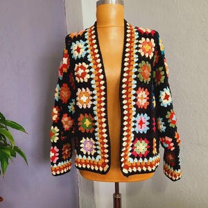Handmade Crochet Granny Square Cardigan: Colorful Bohemian Jacket