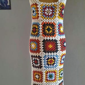 Handmade Crochet Granny Square Midi Dress: Colorful Cotton Summer Dress