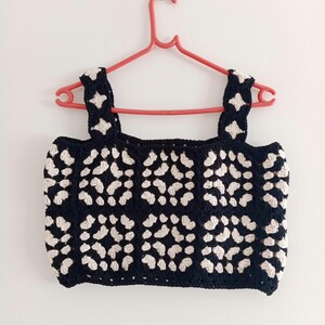 Handmade Crochet Granny Square Crop Top: Black & Beige Cotton Boho Blouse