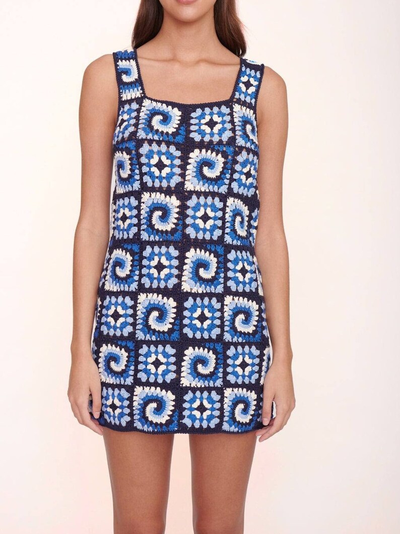 Blue Granny Square Dress, Crochet Colorful Dress, Handknit Patchwork