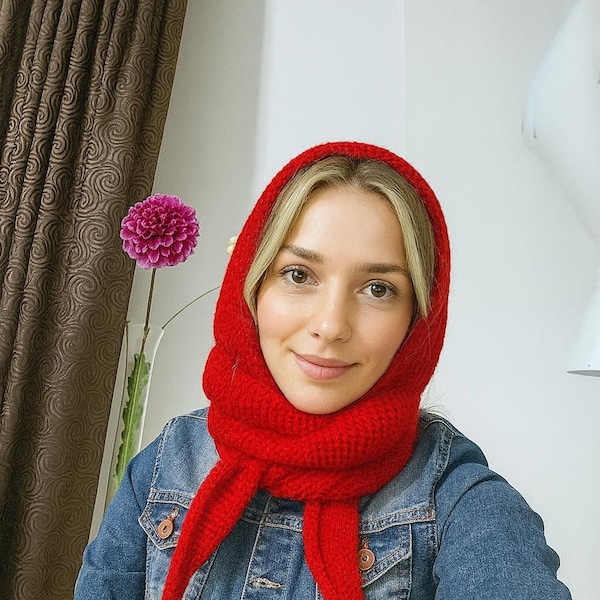 Handmade Red Knit Hooded Scarf: Crochet Balaclava
