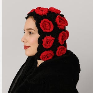 Red Rose Crochet Balaclava, Handmade 3D Flower Hood, Black Crochet Bonnet, Retro Winter Ski Mask, Festival Boho Crochet Headwear