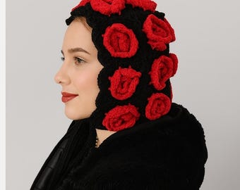 Hand-Knitted Wool Rose Balaclava: Crochet Granny Square Bonnet