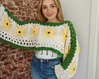 Handgemaakte gehaakte zonnebloemtop, oma vierkante trui, boho festivaltop, kleurrijke trui, hippiekleding