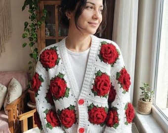 トップス Rosie flower knit tops red andmary Handmade Crochet Rose Cardigan, Pink Cropped Knitted Sweater - Etsy
