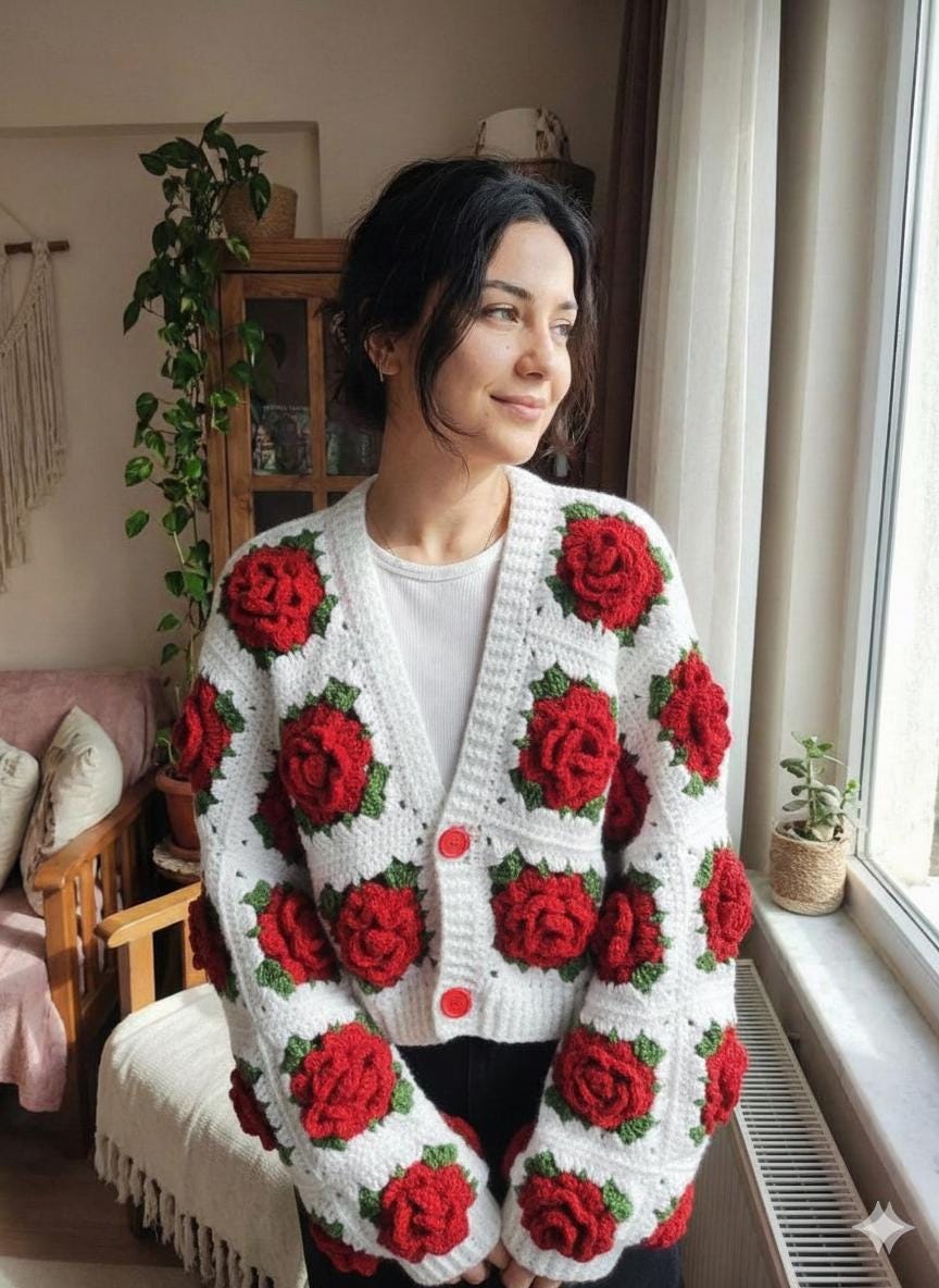 Handmade Crochet Rose Cardigan, Pink Cropped Knitted Sweater - Etsy