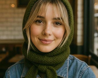 Handmade Green Knit Hooded Cowll: Crochet Balaclava