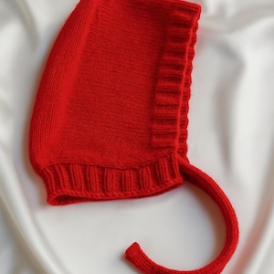 Hand Knitted Red Bonnet, Crochet Tie Bonnet Hat, Warm Winter Hood for Women, Unisex Adult Bonnet, Handmade Cozy Knit Hat