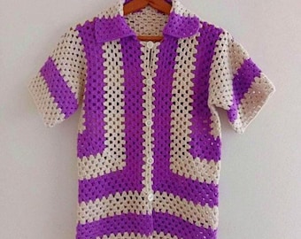 Handmade Crochet Granny Square Shirt: Unisex Cotton Overshirt