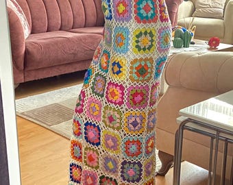 Häkelrock, Handgestrickter Rock, Maxi Langer Rock, Handgemachter Oma Quadratischer Rock für Frauen, Bunter Festival Rock, Boho Hippie Rock