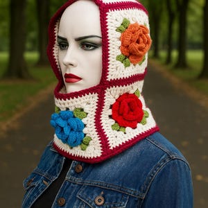 3D Rose Granny Square Balaclava, Colorful Crochet Hood, Handmade Flower Ski Mask, Cozy Retro Hood Scarf