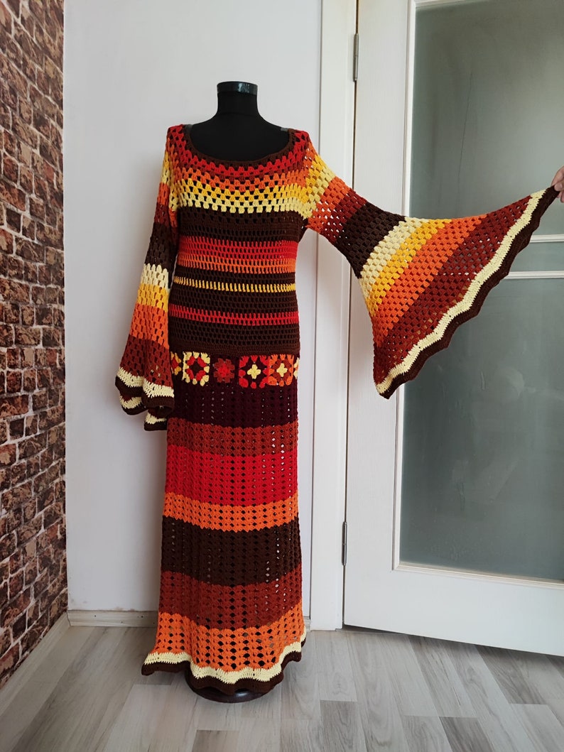 Bell Sleeve Crochet Dress, Colorful Dress, Handmade Dresses for Women