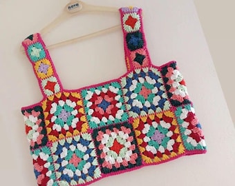Handmade Crochet Granny Square Crop Top: Colorful Festival Blouse