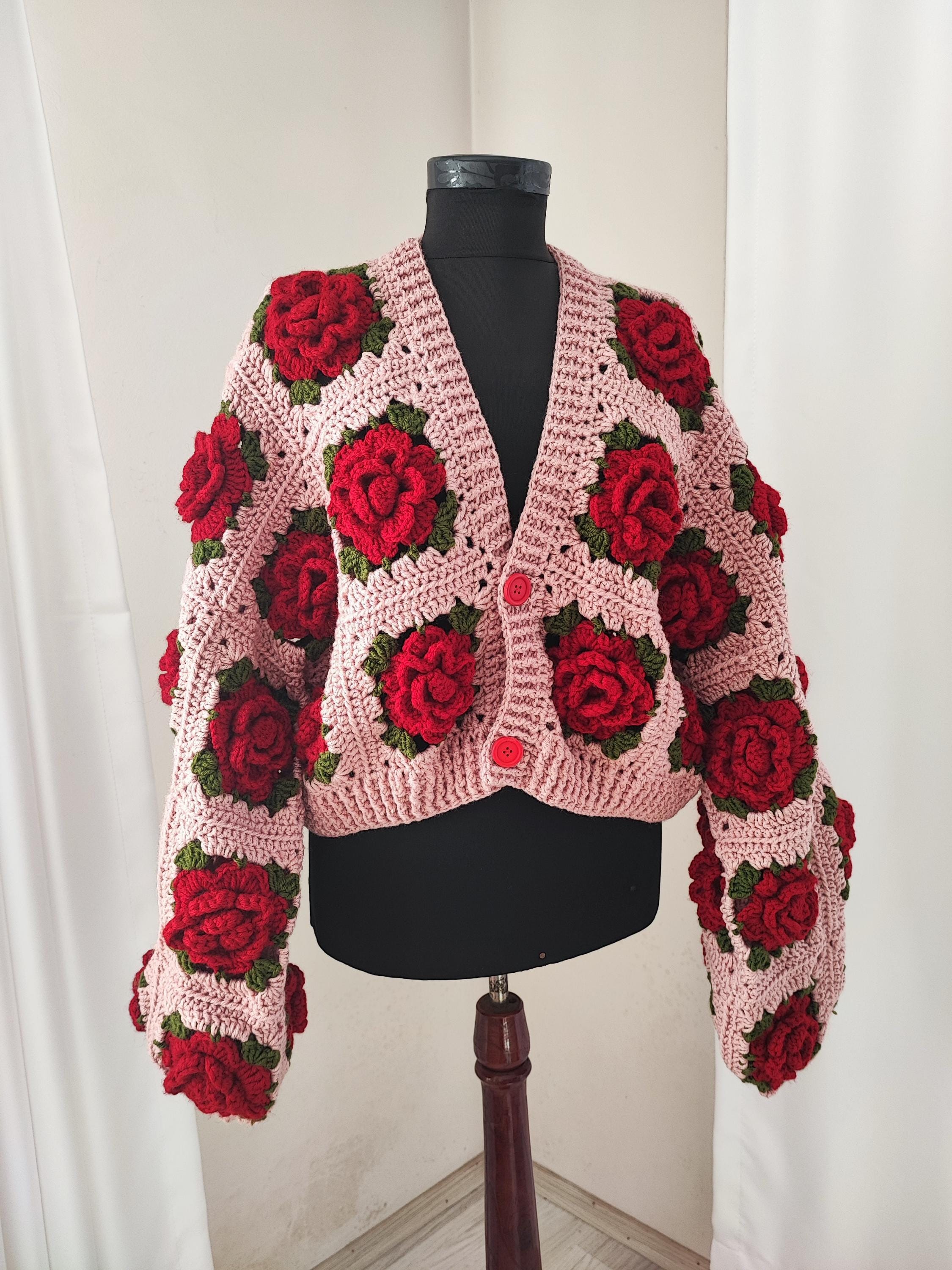 Handmade Crochet Rose Cardigan, Pink Cropped Knitted Sweater - Etsy