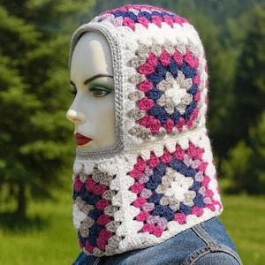Colorful Granny Square Crochet Balaclava Hood, Handmade Winter Scoodie Hat, Knit Hooded Balaclava, Y2K Boho Balaclava