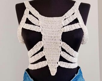 Crochet Skeleton Top, Grunge Fairycore Goth Top, Halloween Knit Top, Bone Corset, Skull Top, Ginger Top