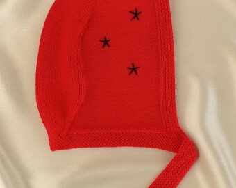 Hand-Crocheted Wool Tie Bonnet: Vintage Style Red Winter Hat