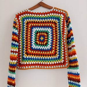Retro Boho Granny Square Crochet Sweater, Handmade Striped Pullover, Festival Rainbow Knitwear, Colorful Vintage Top