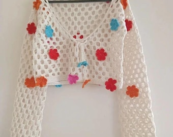 Crochet Floral Crop Top: Handmade Cotton Knit Summer Blouse