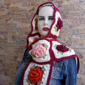 Crochet Balaclava Scarf, Handknitted Balaclava Scarf, Rose Balaclava, Handmade Floral Scarf, Winter Balaclava, Daisy Balaclava Scarf