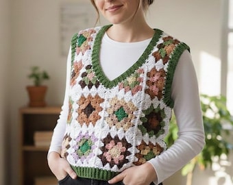 Handmade Granny Square Crochet Vest, Boho Patchwork Top