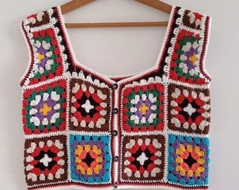 Granny Square Colorful Top, Crochet Crop Top, Handmade Boho Top, Crochet Multicoloed Top, Hand-Knit Blouse, Summer Crop Top, Granny Vest