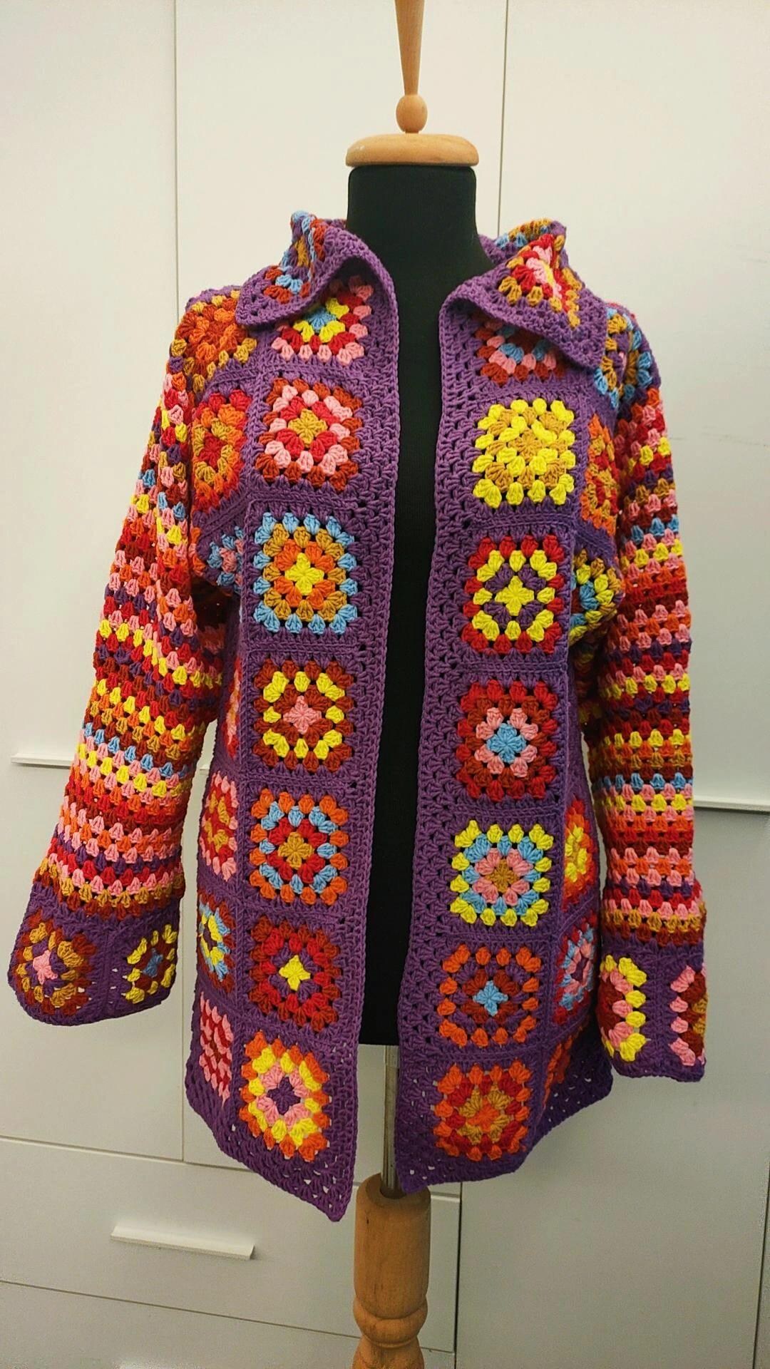 Vintage Rosette Wool Blend Crochet Hand Knit Granny Square Cardigan