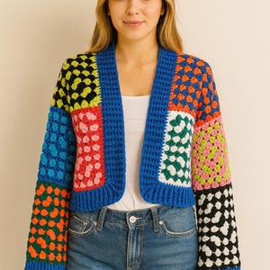 Handmade Crochet Granny Square Cardigan: Colorful Cotton Crop Top