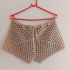 Handmade Crochet Granny Square Shorts: Beige Boho Beachwear