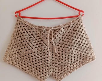 Handmade Crochet Granny Square Shorts: Beige Boho Beachwear
