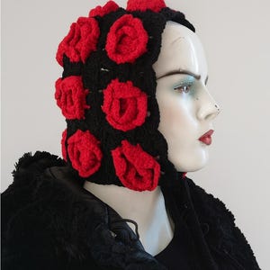 3D Rose Crochet Balaclava, Granny Square Hood, Black Red Handmade Winter Hat, Unisex Festival Retro
