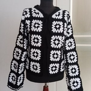 Crochet Granny Square Cardigan, Oversize Unisex Cardigan, Black Granny Square Women Cardigan, Handknitted Cardigan, Granny Square Jacket