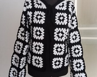 Handgemachte häkeln Oma Square Strickjacke: Schwarz & Weiß Baumwolljacke