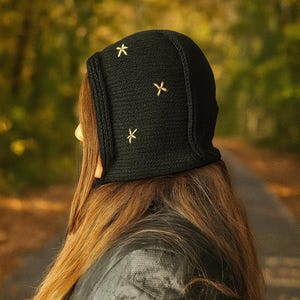 Hand Knitted Bonnet with Tie, Warm Winter Crochet Hat, Unisex Black Balaclava Bonnet, Adult Handmade Bonnet, Minimalist Knit Hood