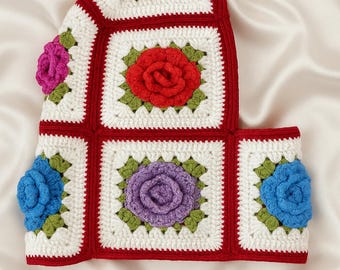 3D Rose Crochet Balaclava: Colorful Granny Square Ski Mask