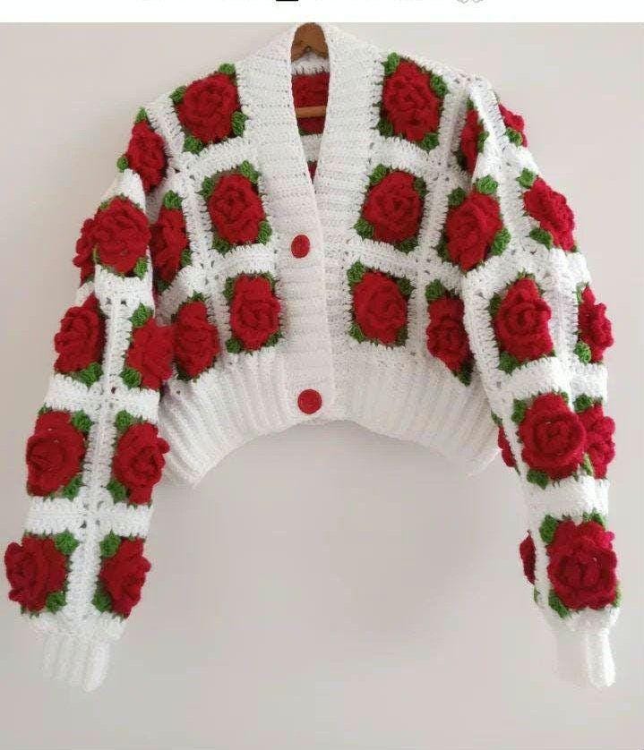 Gehäkelte Rose Grandma Square Strickjacke: Handgemachter grobstrick Baumwollstrick