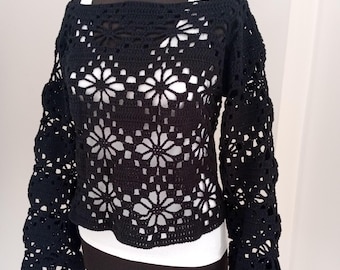 Handmade Crochet Crop Top: Vintage Floral Granny Square Blouse
