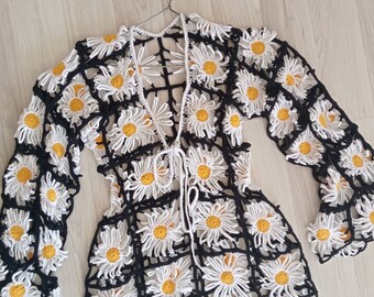 Handmade Crochet Daisy Dress: Bohemian Cotton Mini Dress