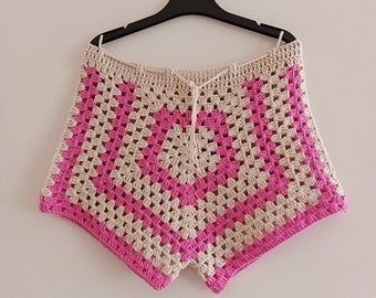 Short au crochet, short coloré carré grand-mère, shorts d'été faits main, shorts pour femme, shorts bohèmes, shorts hippies, vêtements de plage